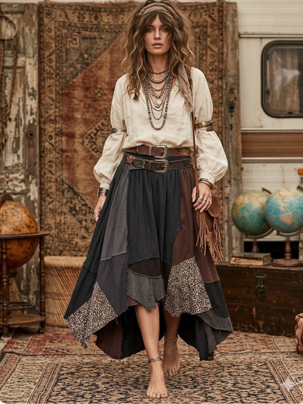 Upcycled patchwork tattered leopard print bohemian gypsy pirate t-shirt skirt